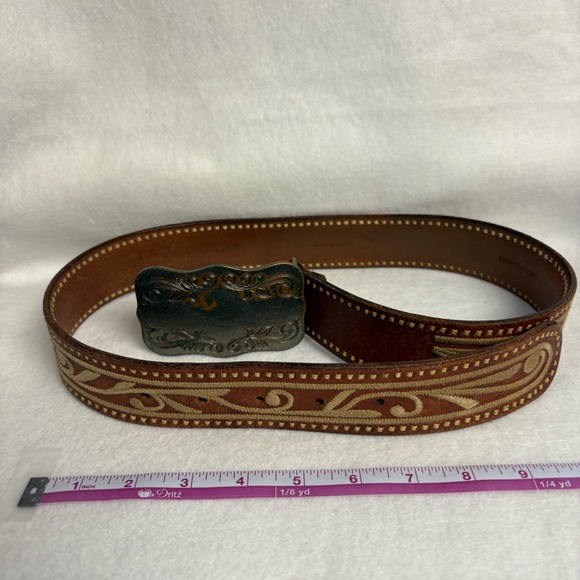SOLD VTG Ralph Lauren Leather Belt sz S Brown Leather Embroidered Metal Plaque - Picture 8 of 14